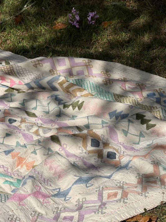 Folk Suzani ~ Pastel Cross Stitch Quilt / Throw