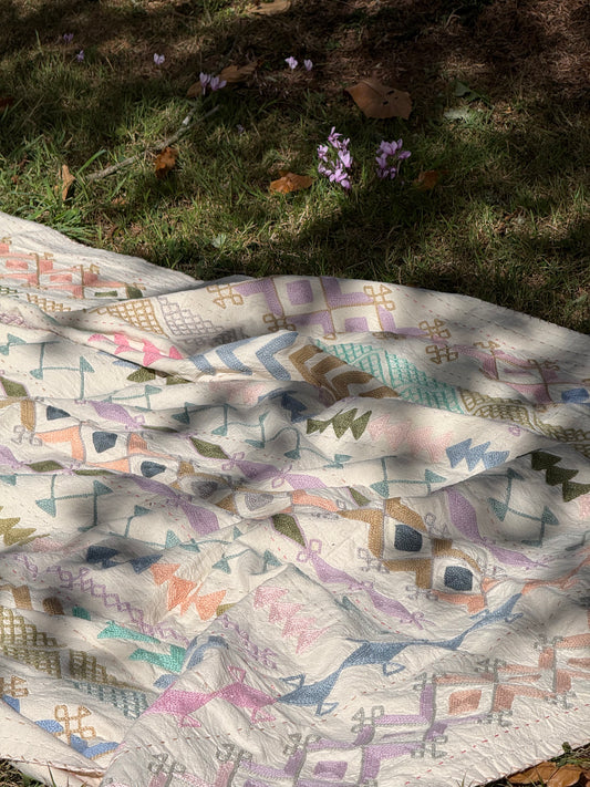 Folk Suzani ~ Pastel Cross Stitch Quilt / Throw