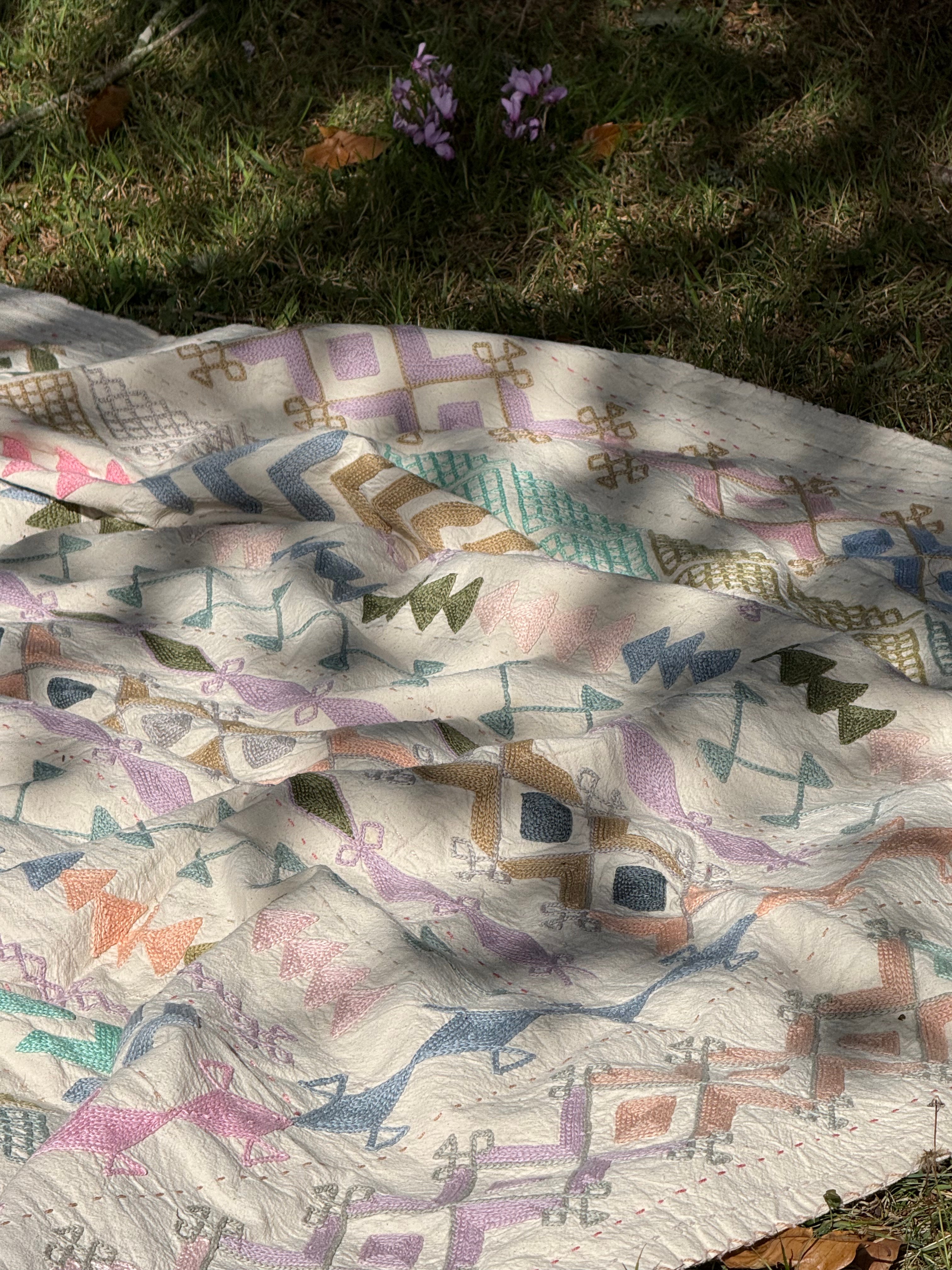 Folk Suzani ~ Pastel Cross Stitch Quilt / Throw