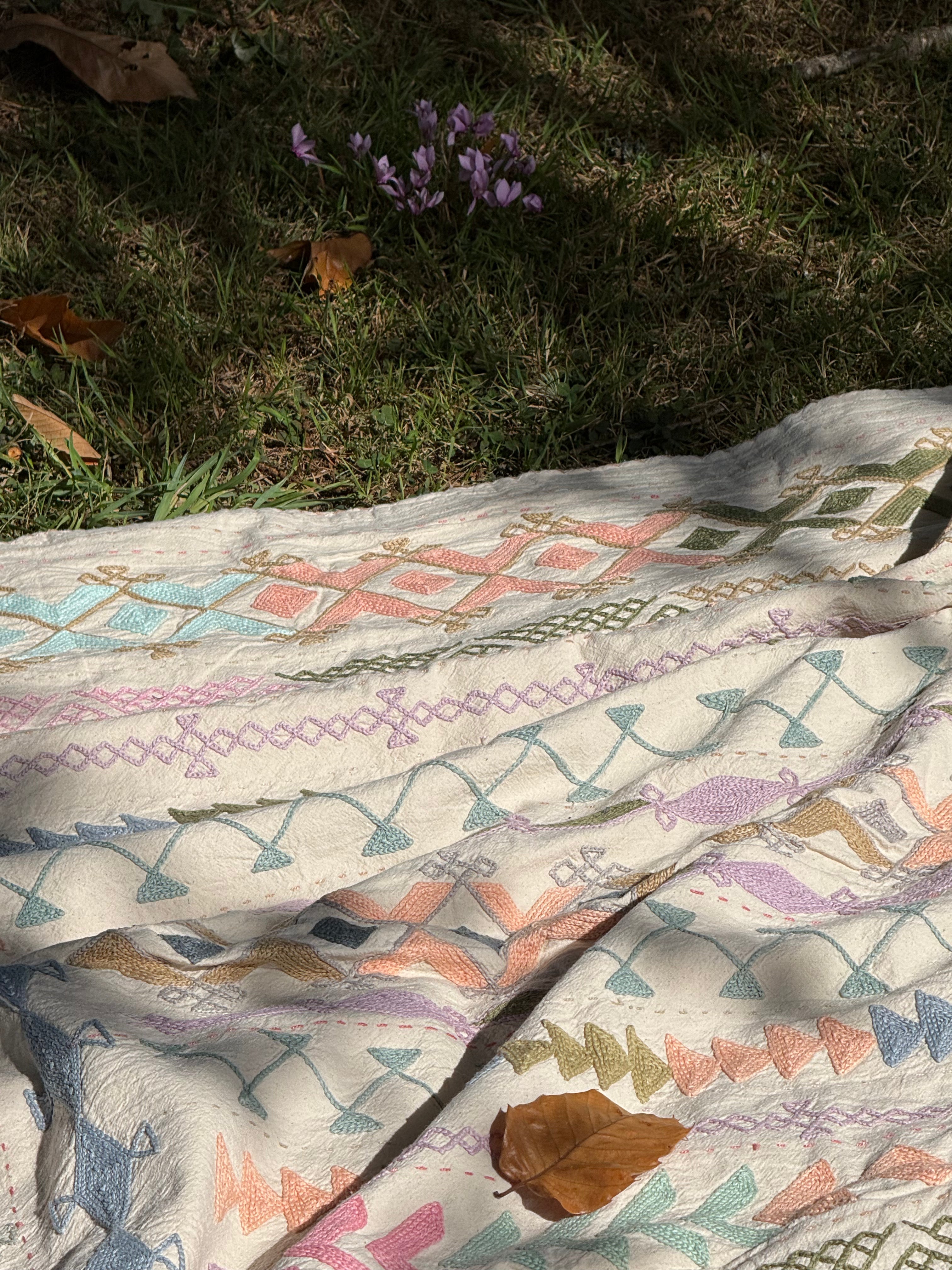 Folk Suzani ~ Pastel Cross Stitch Quilt / Throw