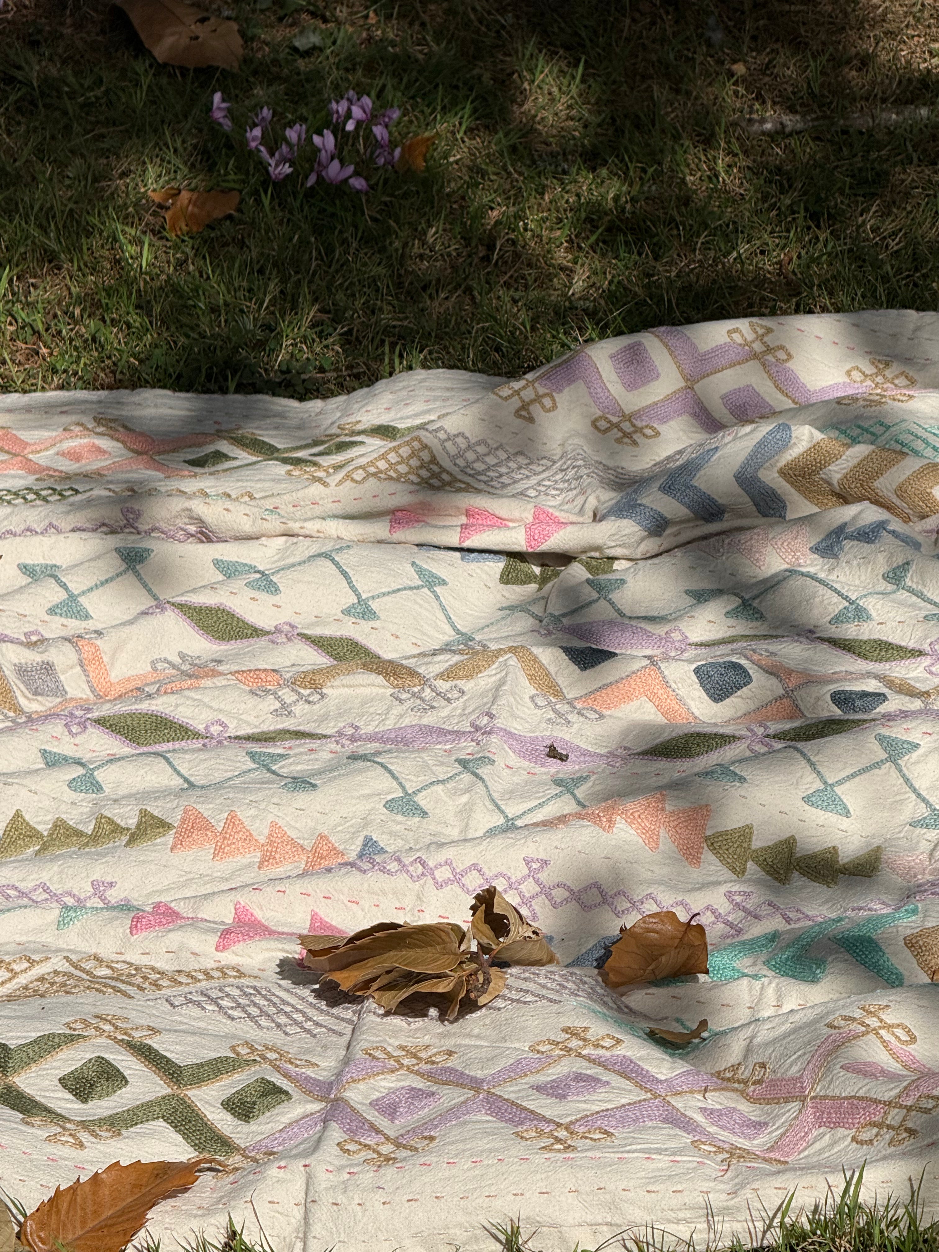 Folk Suzani ~ Pastel Cross Stitch Quilt / Throw