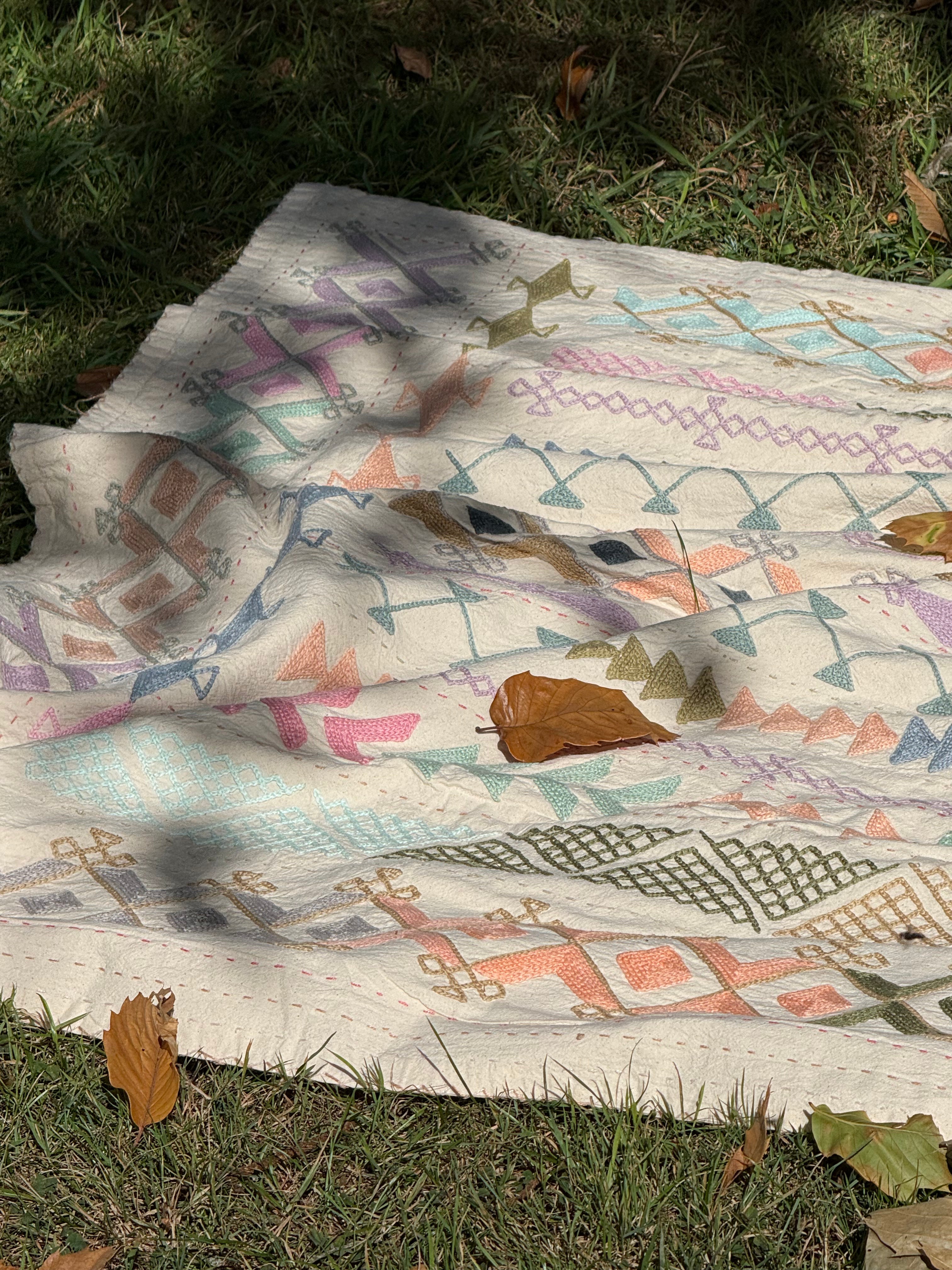 Folk Suzani ~ Pastel Cross Stitch Quilt / Throw