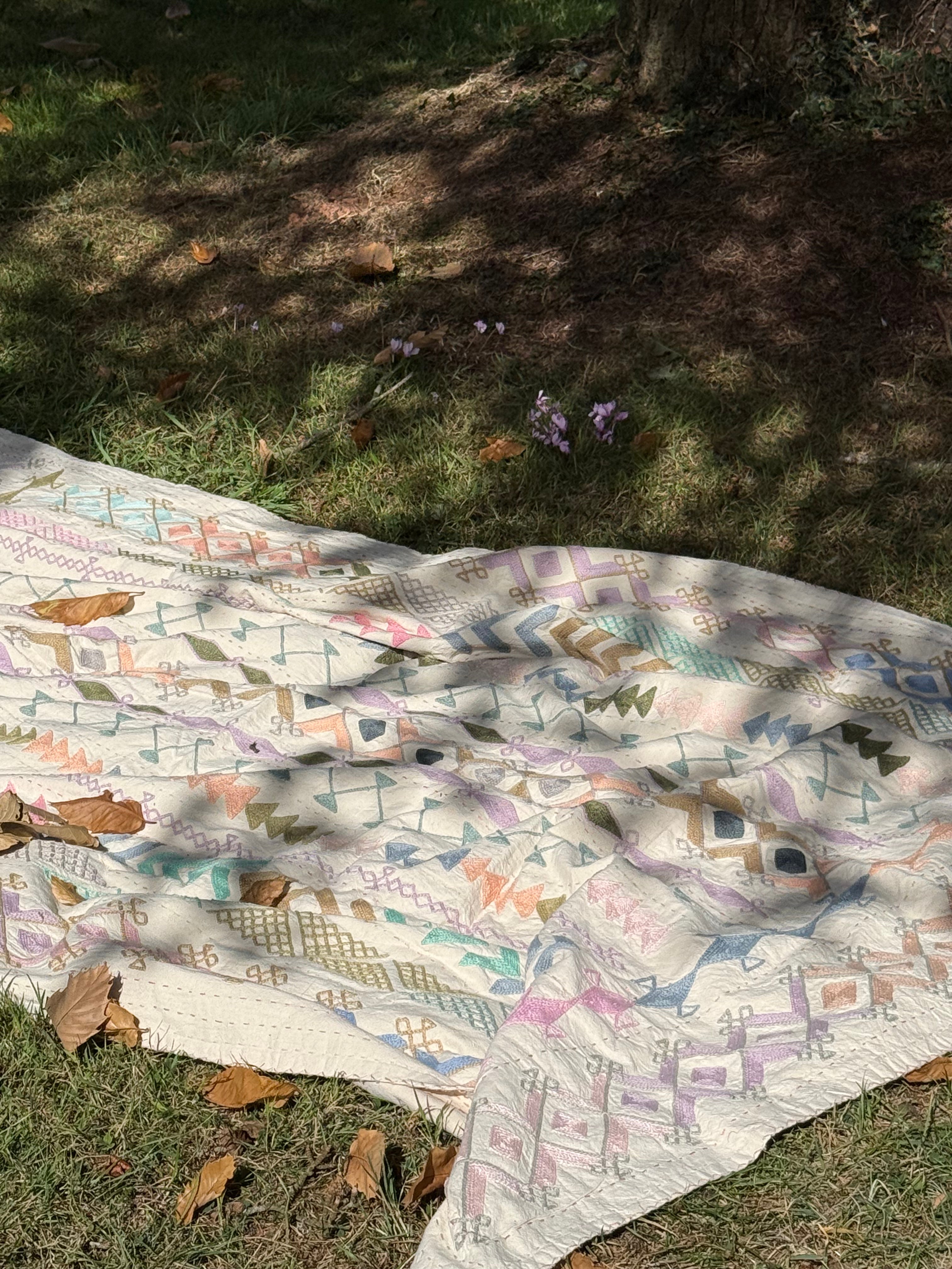 Folk Suzani ~ Pastel Cross Stitch Quilt / Throw