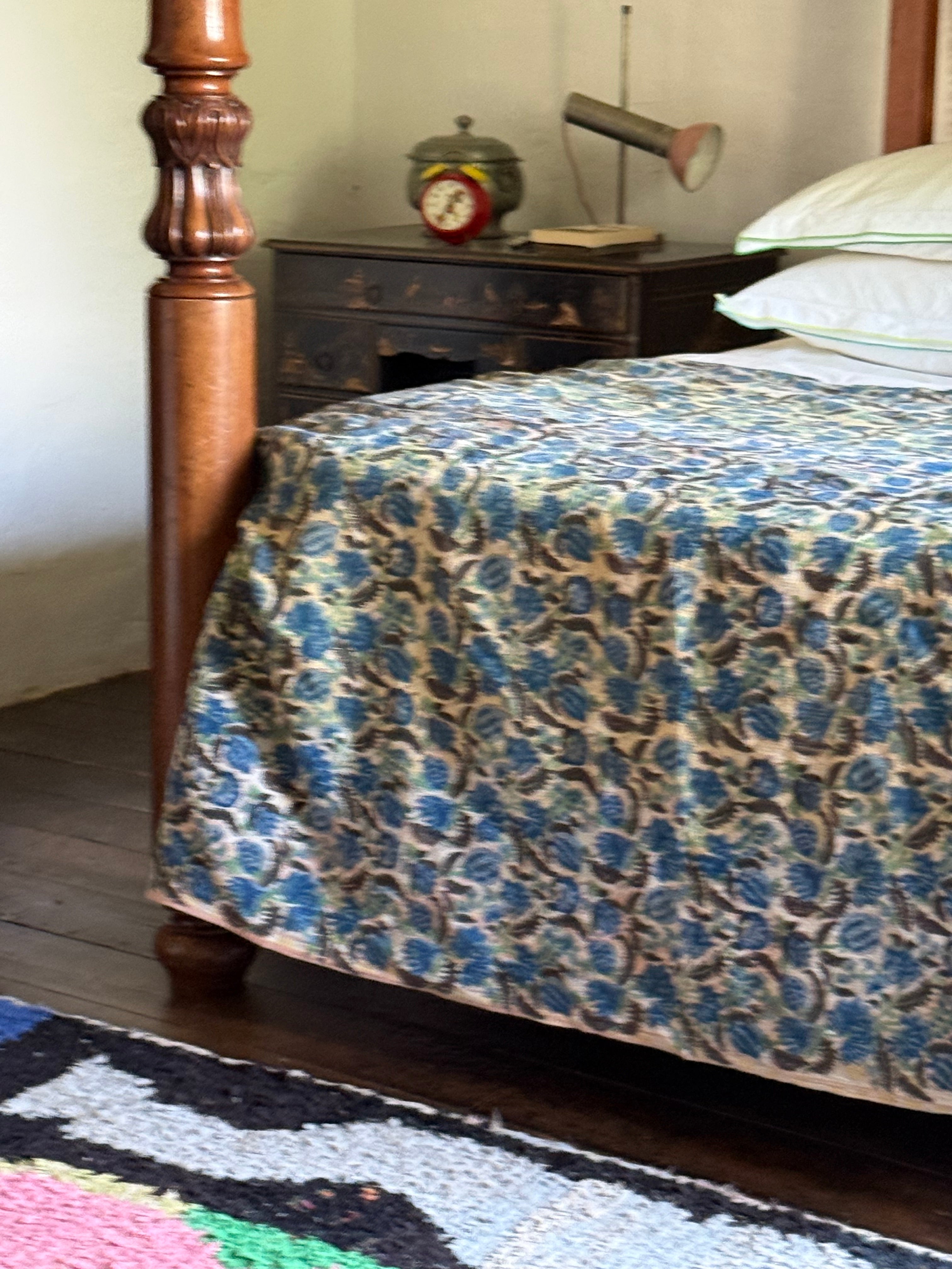 Kantha Quilt ~ Block Print Flower in Blue