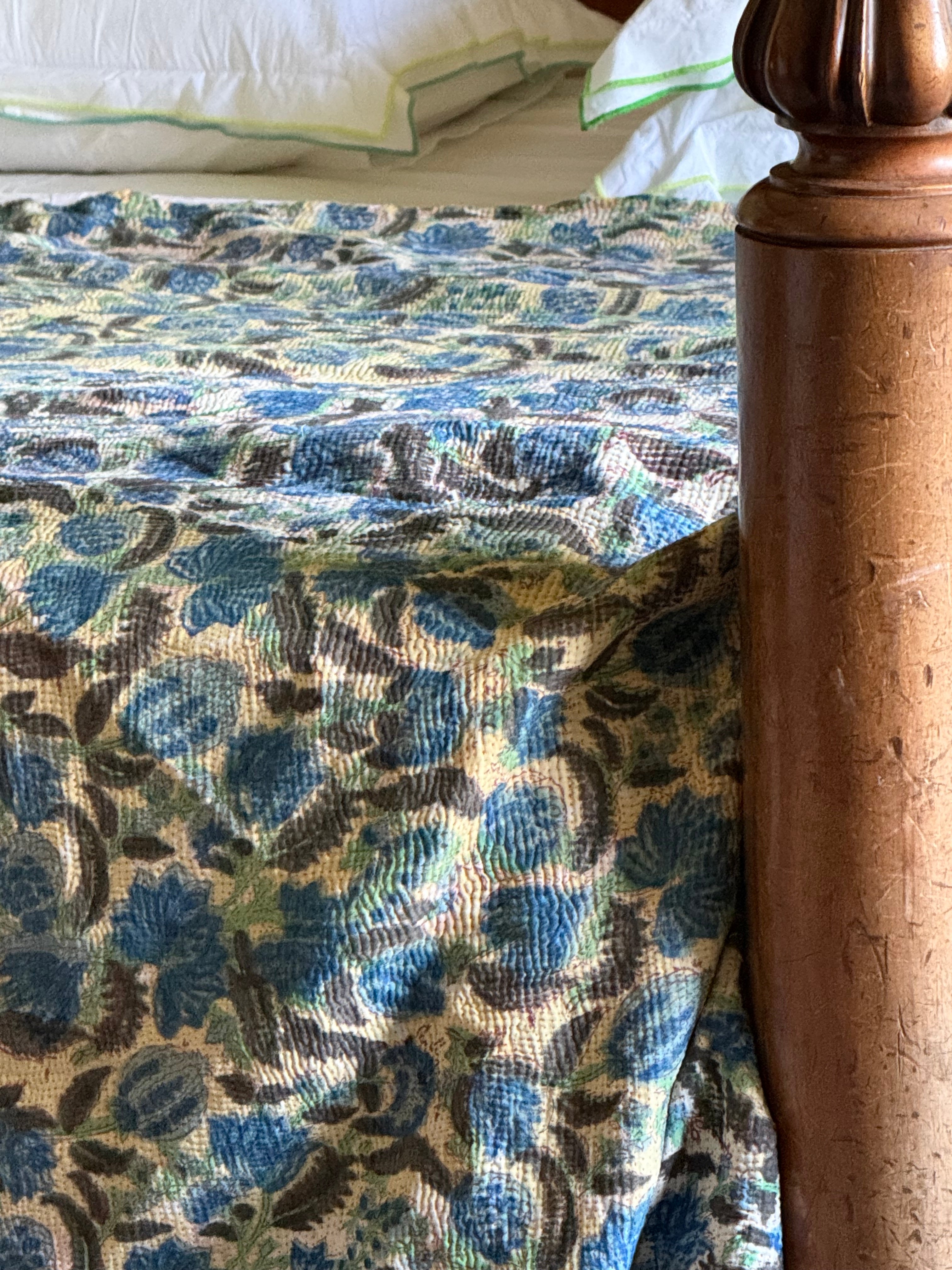 Kantha Quilt ~ Block Print Flower in Blue
