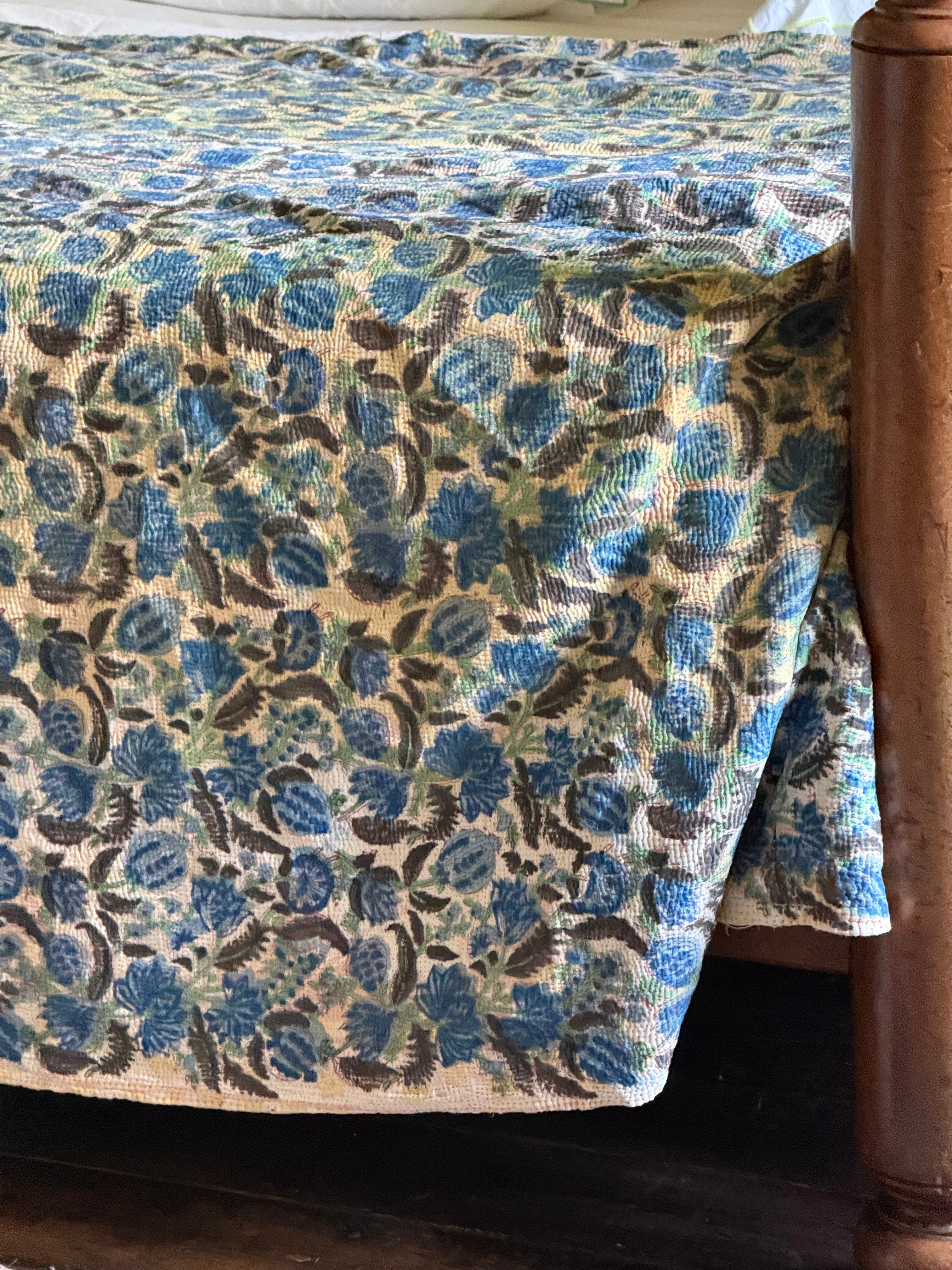 Kantha Quilt ~ Block Print Flower in Blue