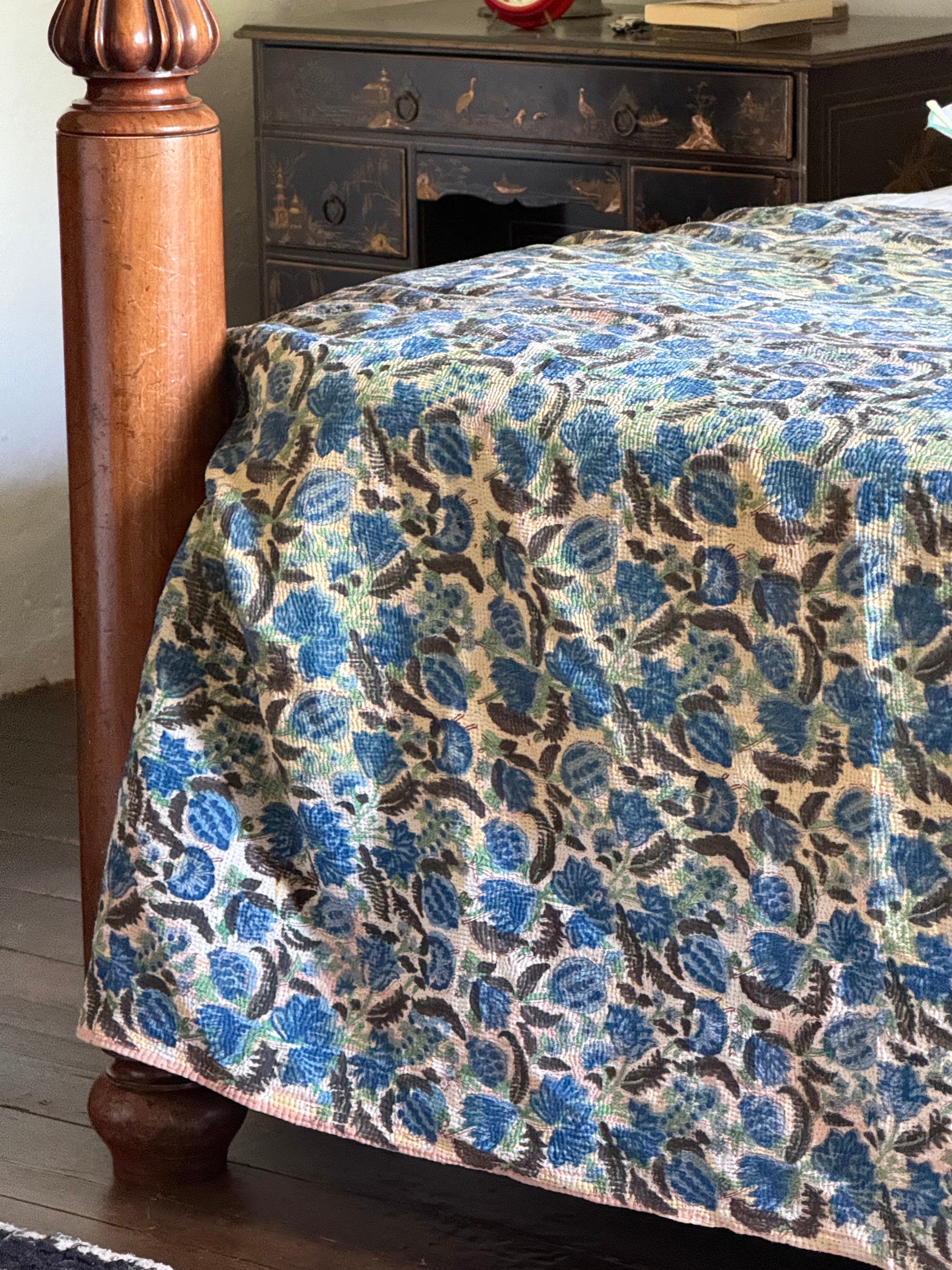 Kantha Quilt ~ Block Print Flower in Blue
