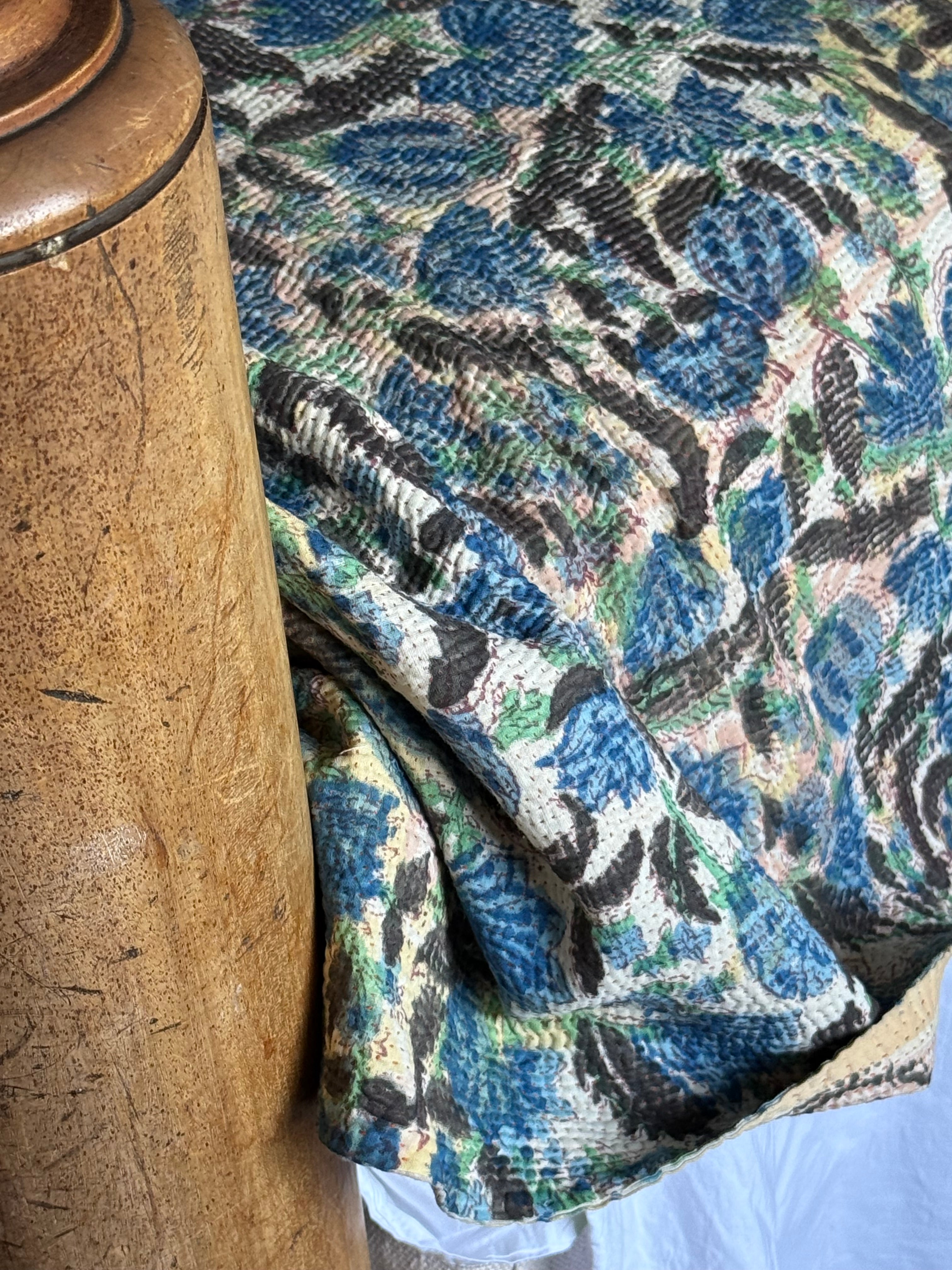 Kantha Quilt ~ Block Print Flower in Blue