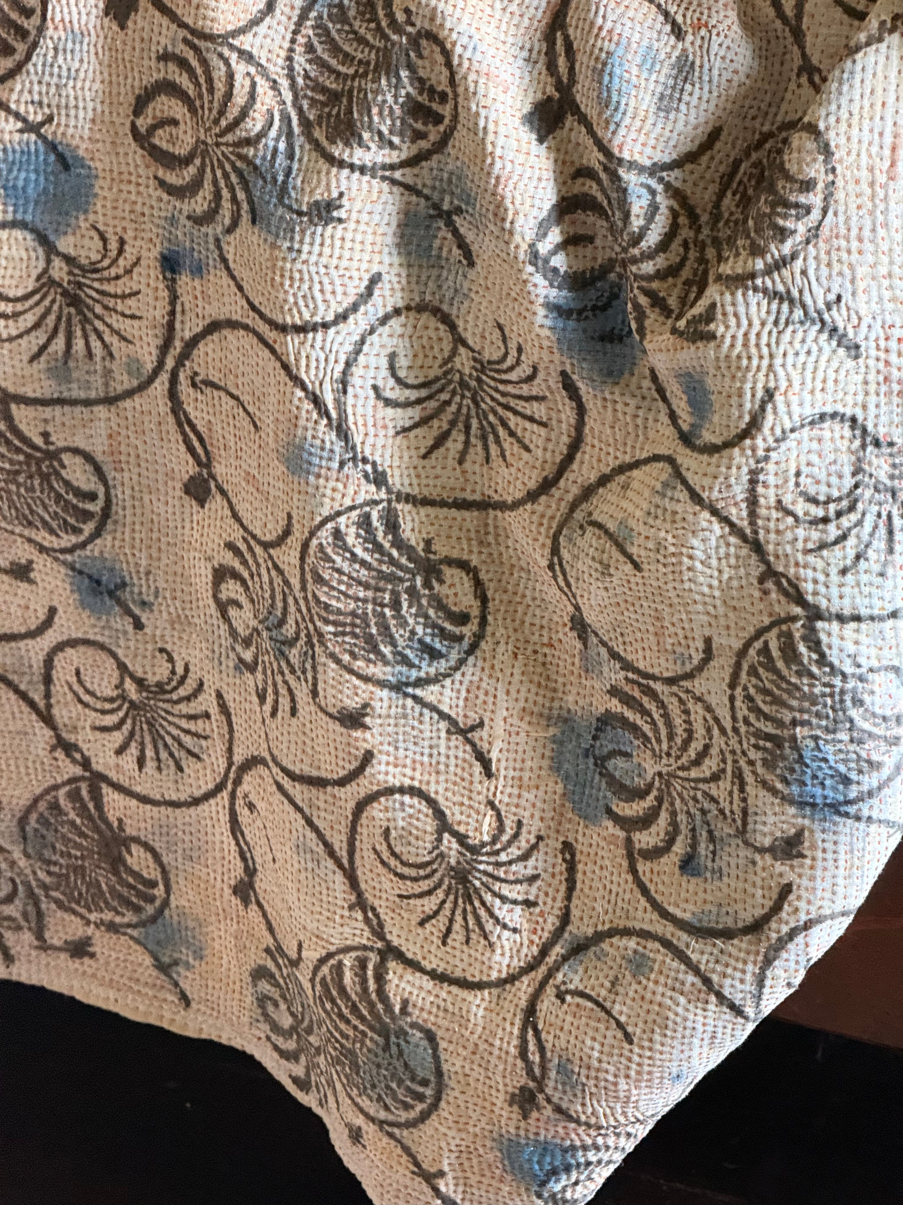 Kantha Quilt ~ Block Print Flower in Blue