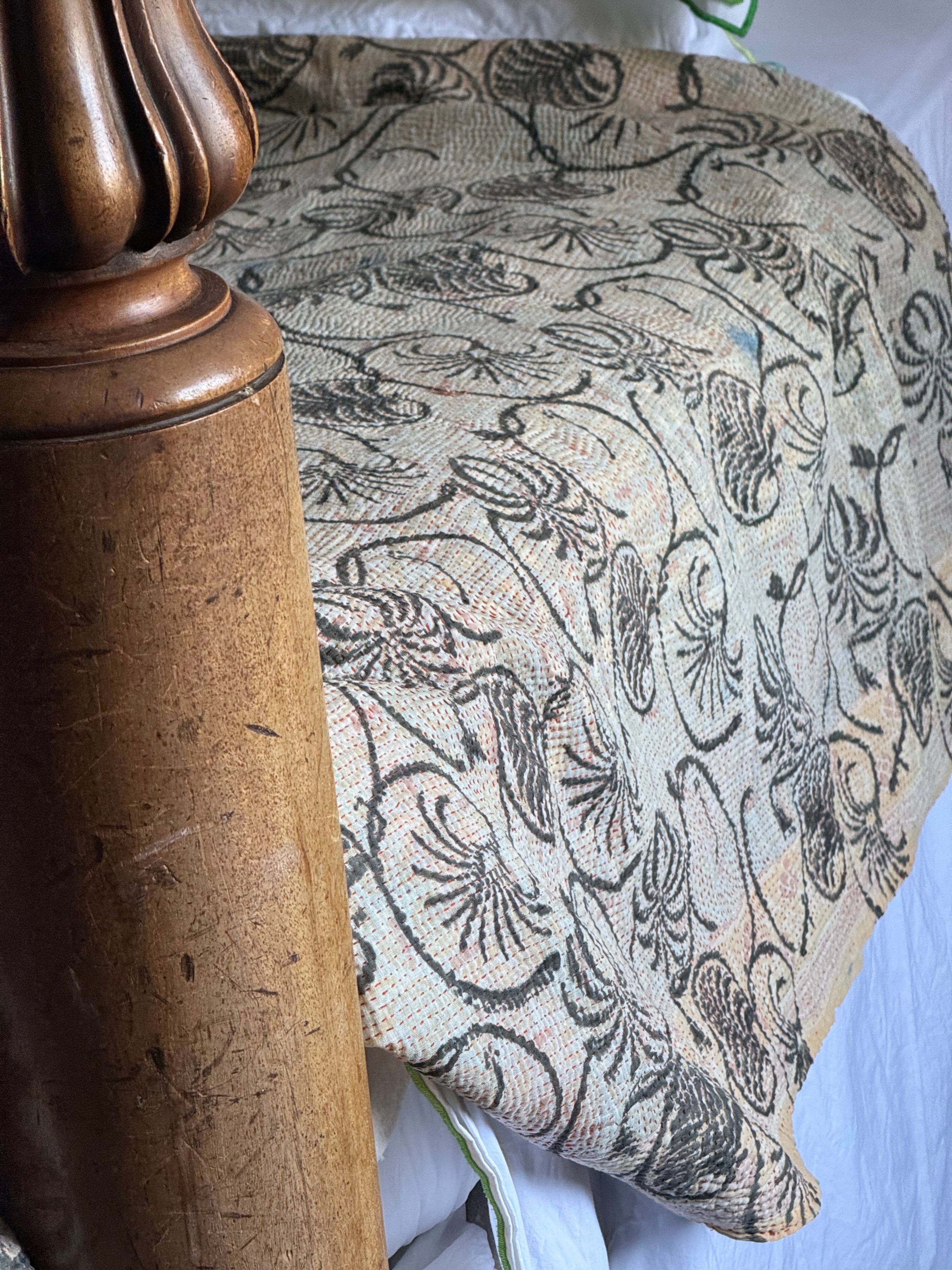 Kantha Quilt ~ Block Print Flower in Blue