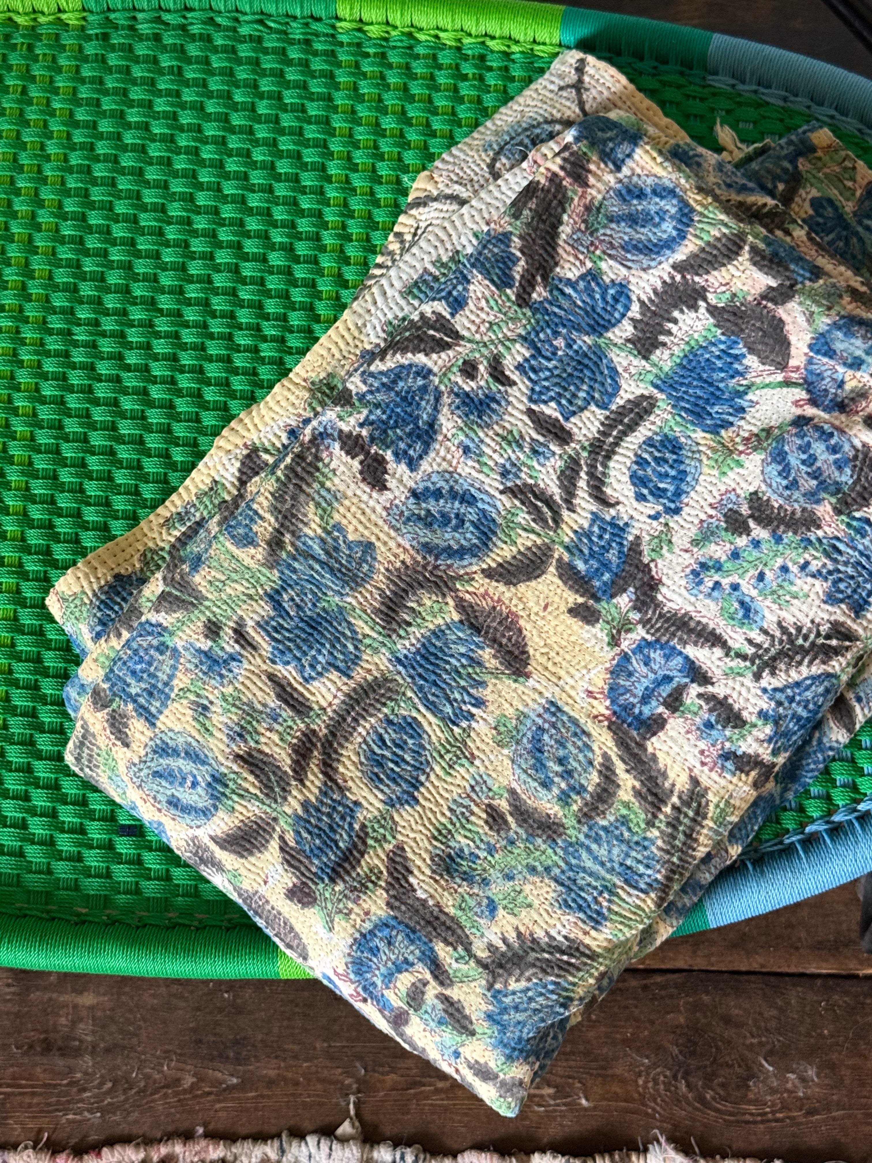 Kantha Quilt ~ Block Print Flower in Blue