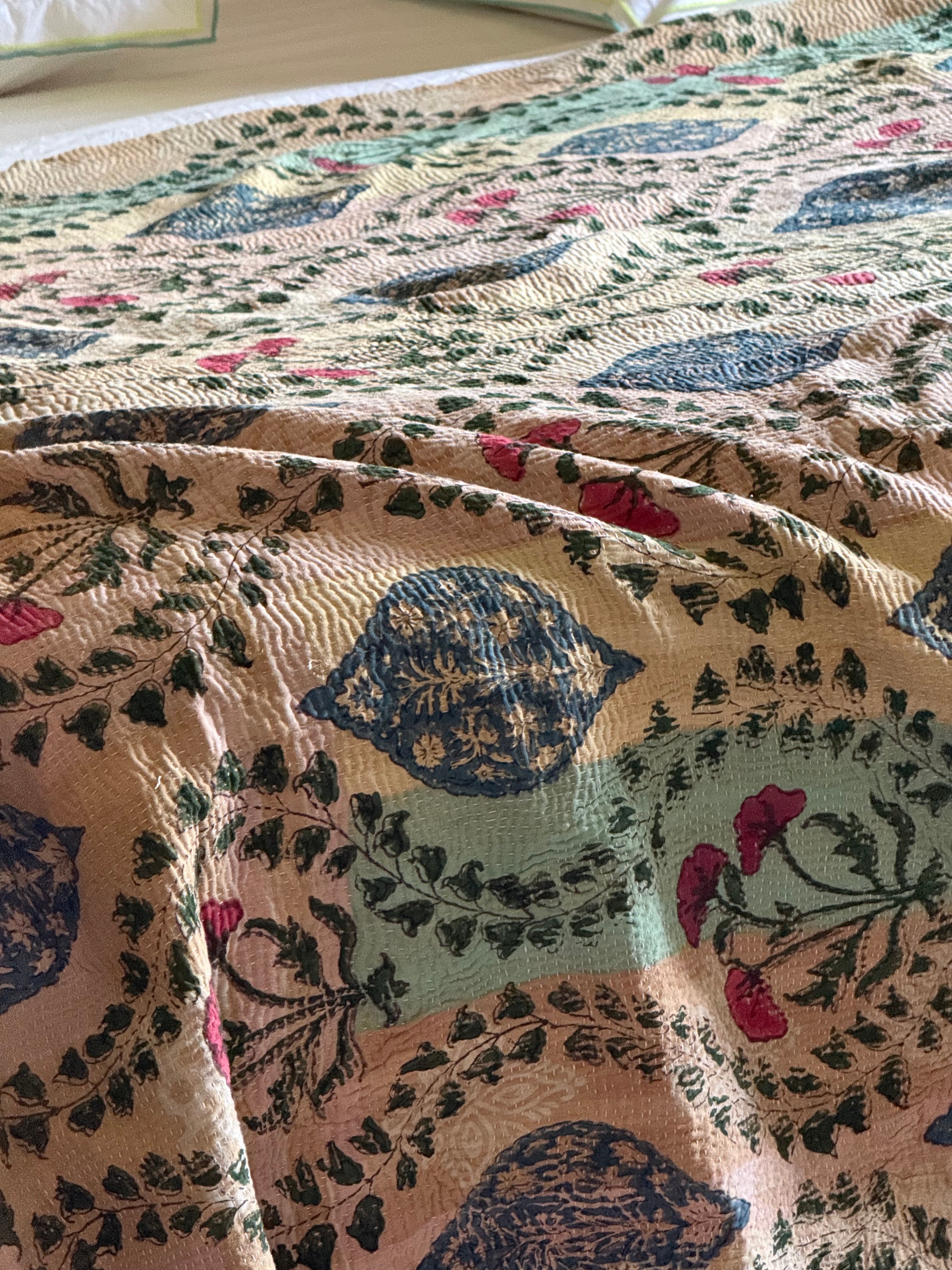 Kantha Quilt ~ Block Print ~ Trailing Floral