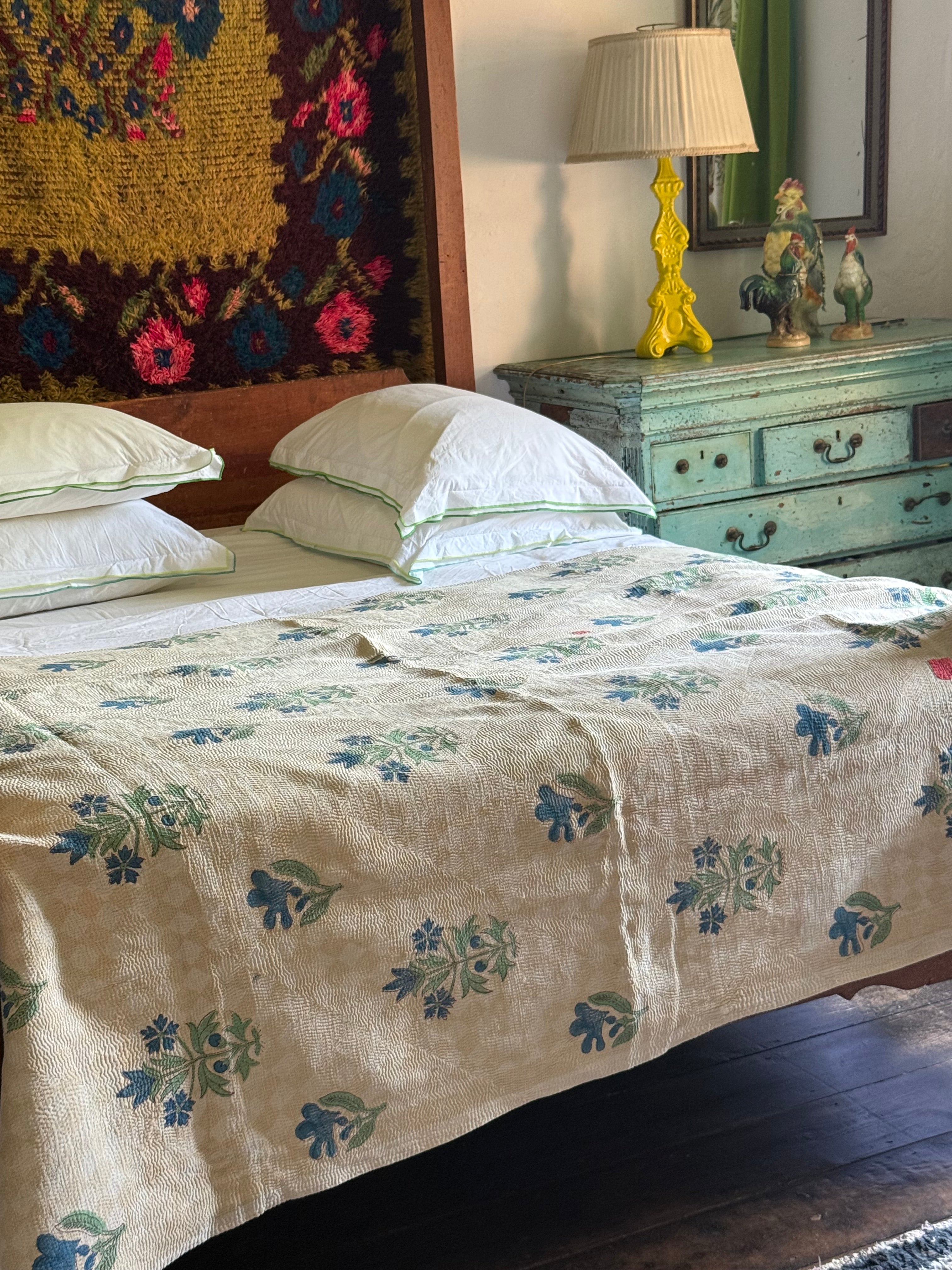Kantha Quilt ~ Simple Blue Flower Block