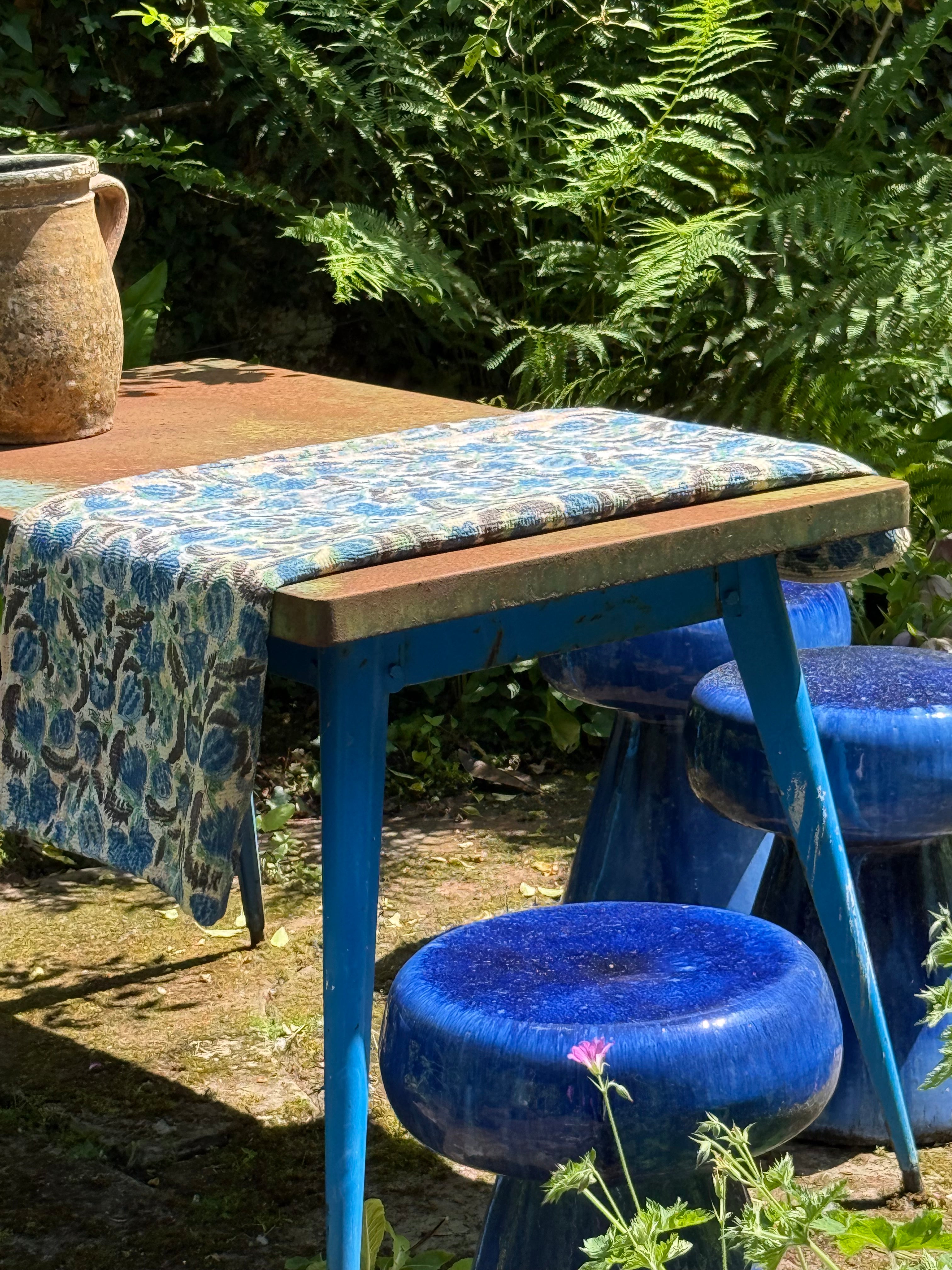 Kantha Quilt ~ Block Print Flower in Blue